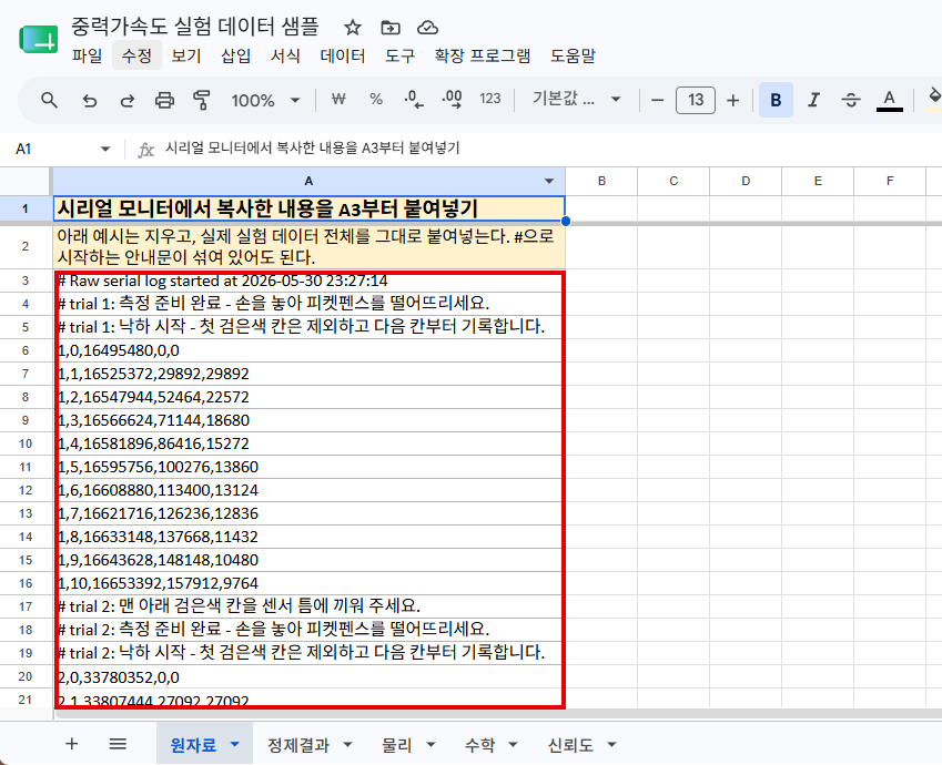Google Sheets 원자료 시트에 시리얼 모니터 출력 내용을 붙여 넣은 화면